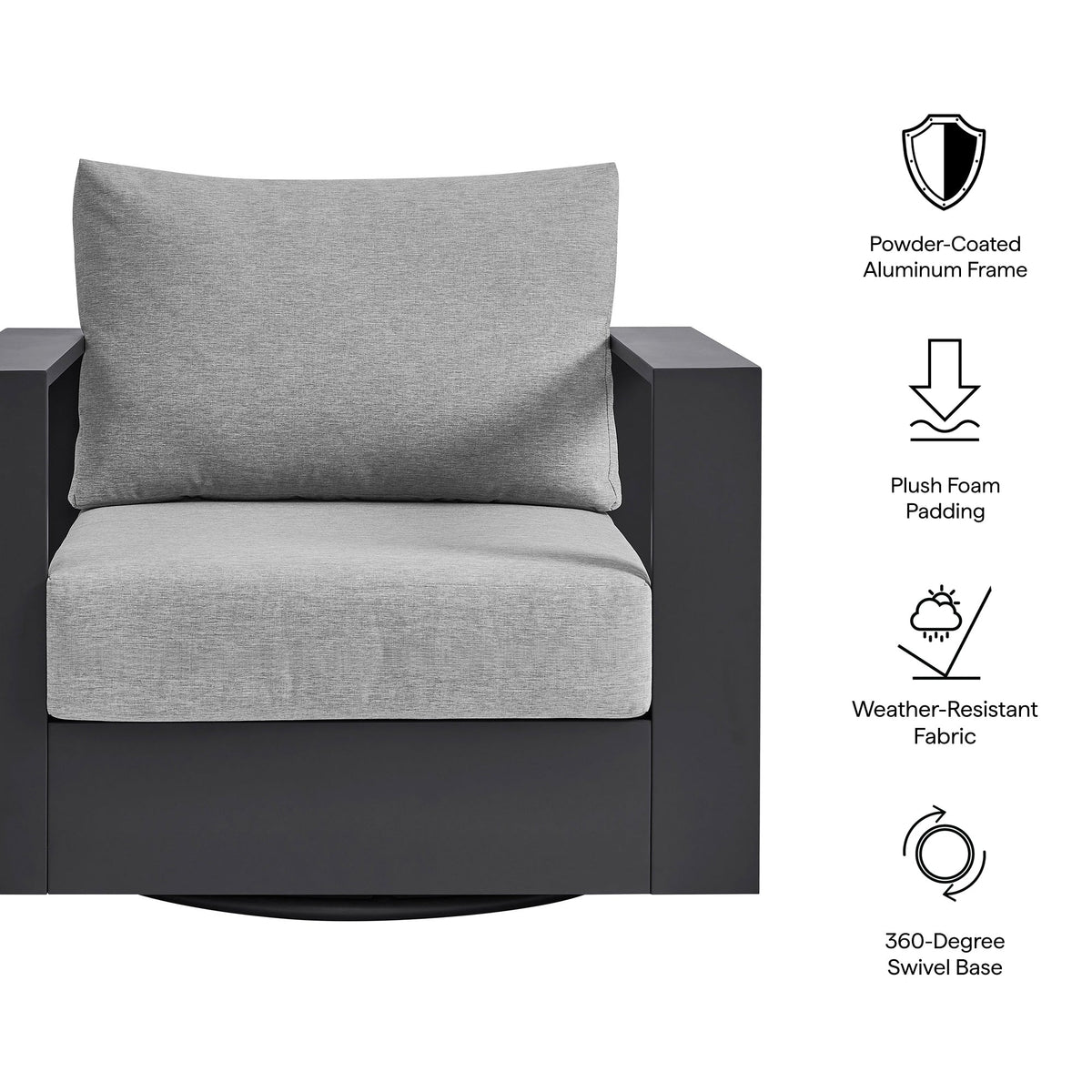Tahoe Outdoor Patio Swivel Armchair with powder-coated aluminum frame and gray cushions on Tampa Home & Garden Store