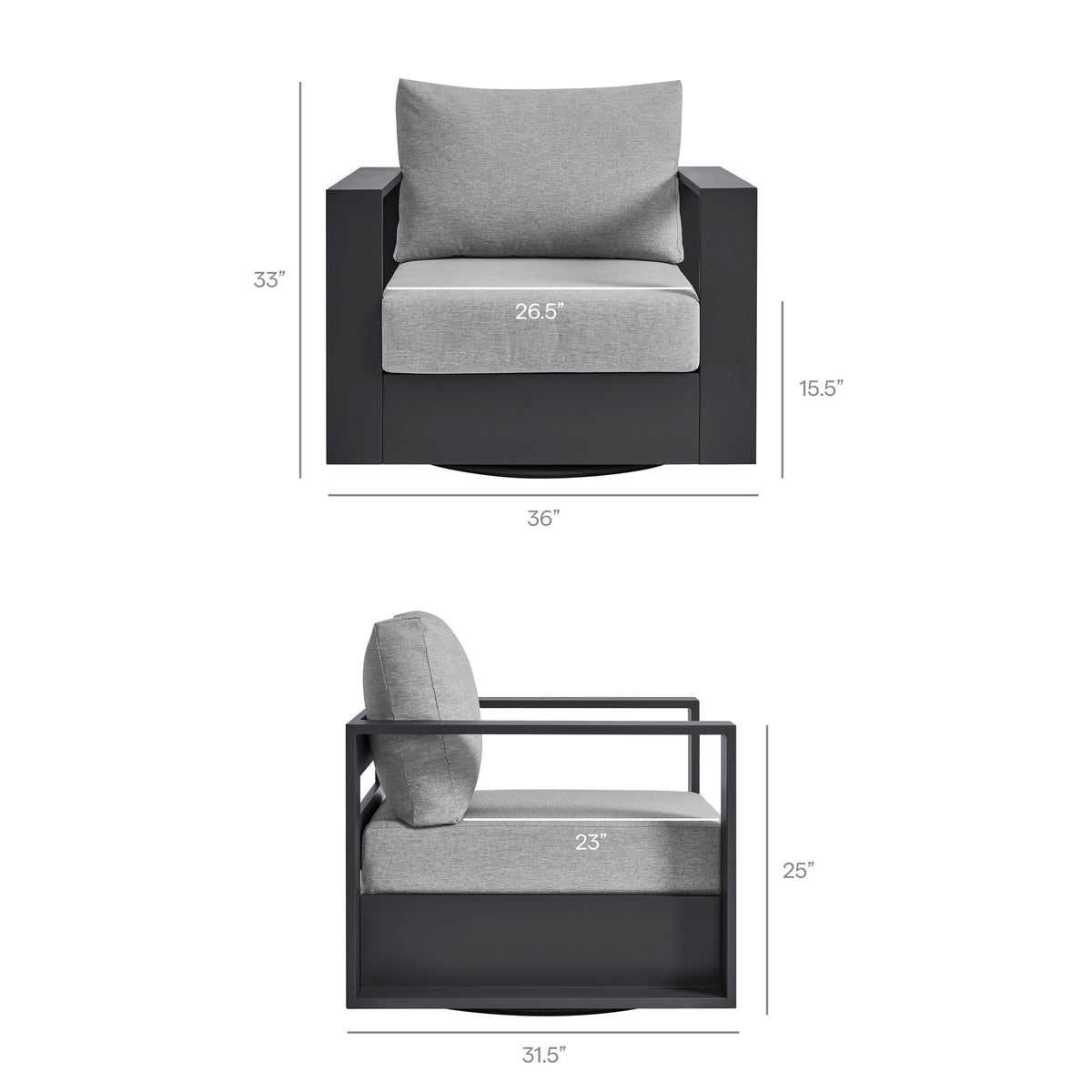 Tahoe Patio Swivel Armchair with black powder-coated aluminum frame and gray cushions on Tampa Home & Garden Store
