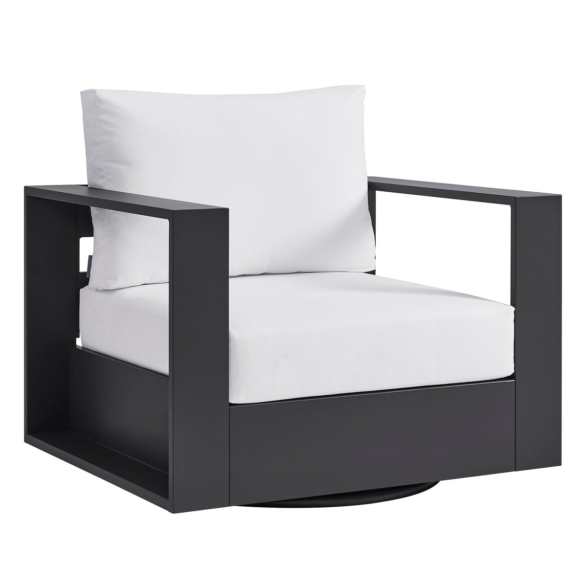 Tahoe Swivel Outdoor Armchair by Modway with black powder-coated aluminum frame and white cushions on Tampa Home & Garden Store