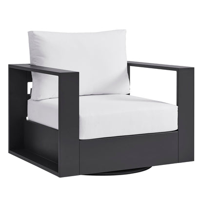 Tahoe Swivel Outdoor Armchair by Modway with black powder-coated aluminum frame and white cushions on Tampa Home & Garden Store