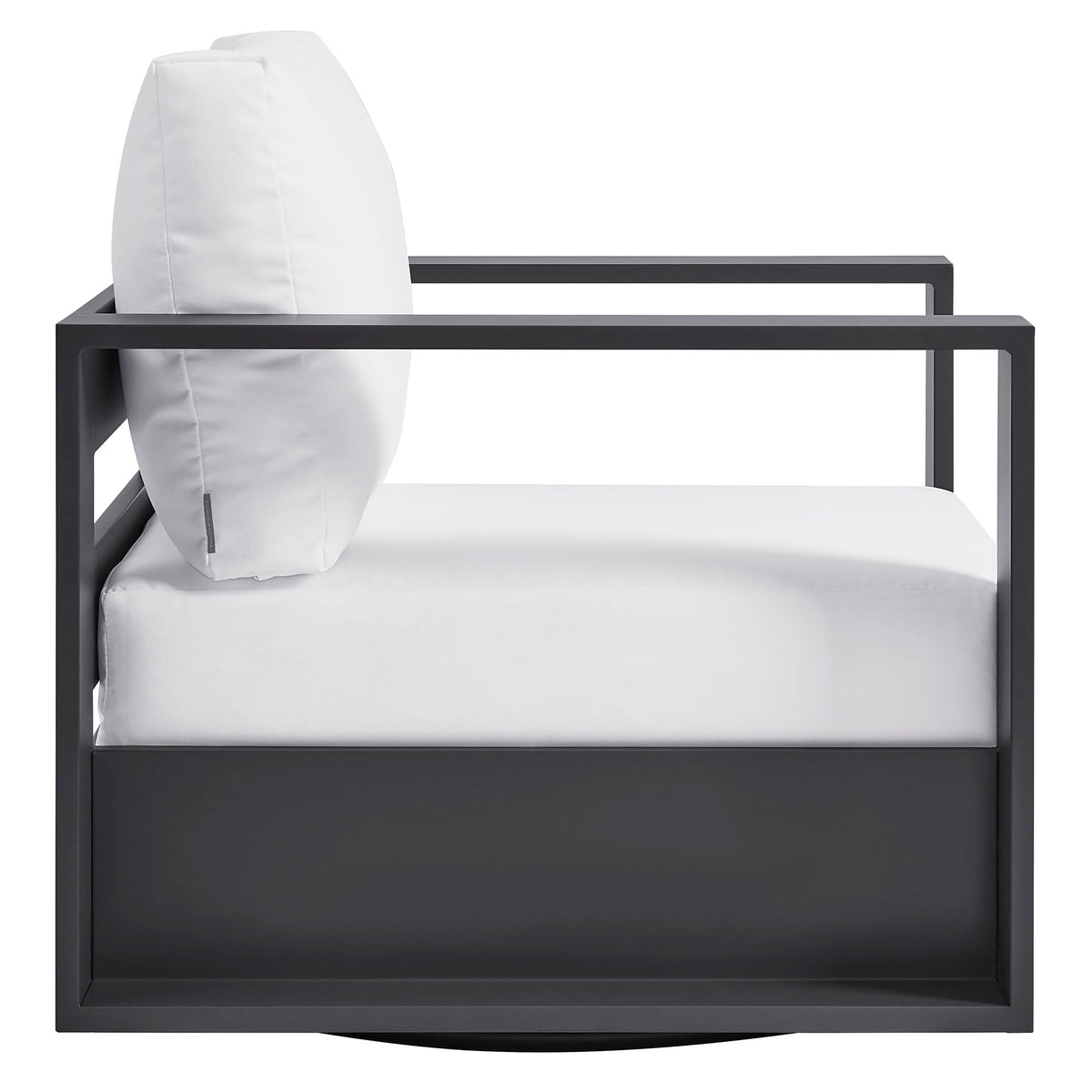 Tahoe outdoor patio powder-coated aluminum swivel armchair with white cushion and black frame on Tampa Home & Garden Store