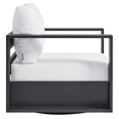 Tahoe outdoor patio powder-coated aluminum swivel armchair with white cushion and black frame on Tampa Home & Garden Store