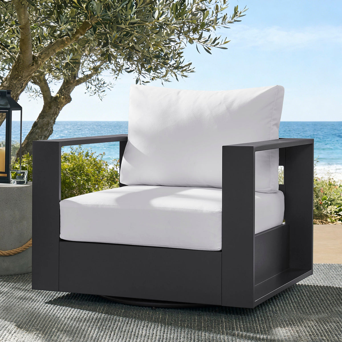 Tahoe Swivel Armchair by Modway, powder-coated black aluminum frame, white cushions on Tampa Home & Garden Store