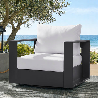 Tahoe Swivel Armchair by Modway, powder-coated black aluminum frame, white cushions on Tampa Home & Garden Store
