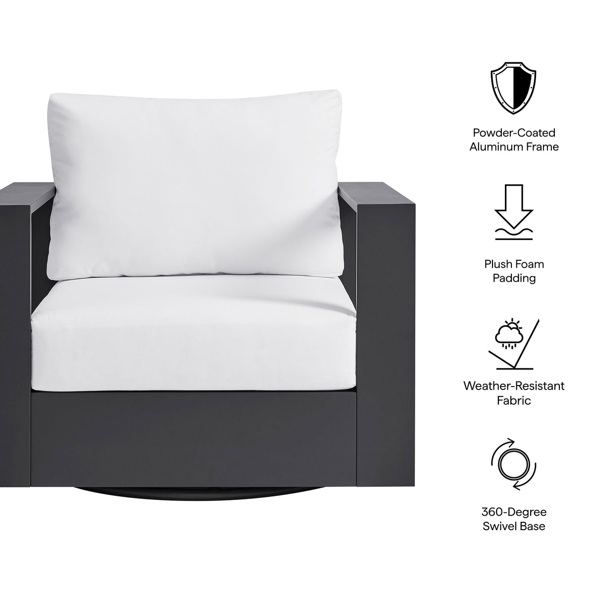 Tahoe Swivel Armchair with white plush cushions and powder-coated aluminum by Modway on Tampa Home & Garden Store