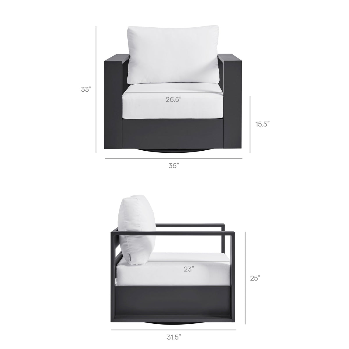 Tahoe Outdoor Patio Swivel Armchair by Modway in black powdercoated aluminum with white cushions on Tampa Home & Garden Store