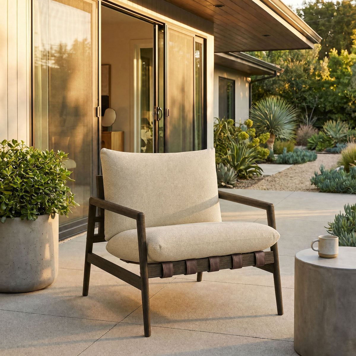 Nomi outdoor teak wood sling chair with beige cushion on a modern patio by Modway on Tampa Home & Garden Store