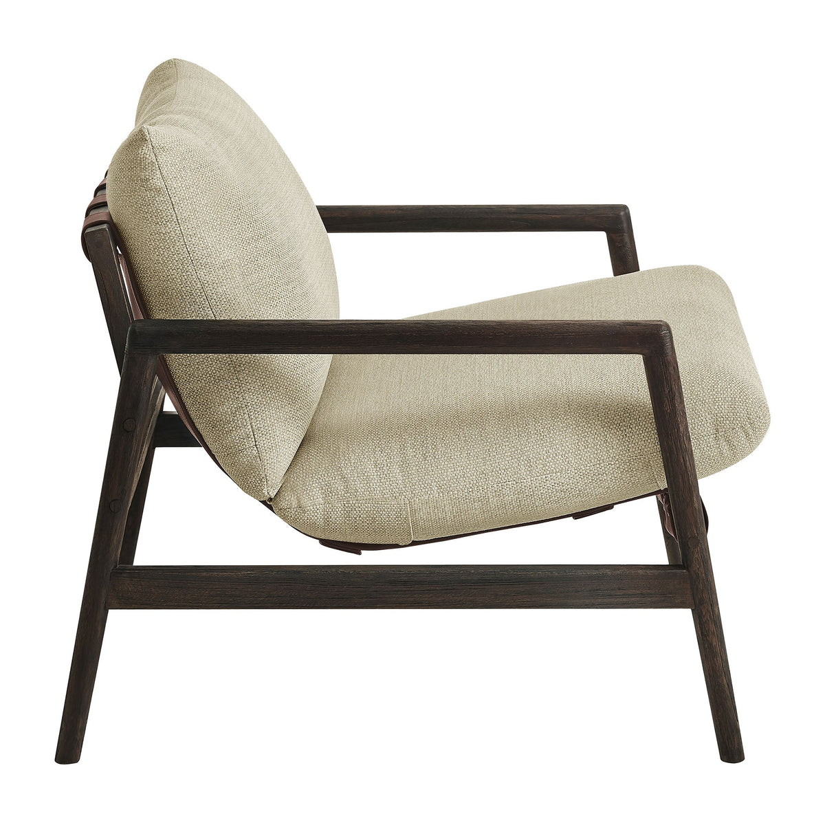 Nomi Outdoor Patio Teak Wood Sling Chair by HouseOfZazla, beige cushion, dark wood frame on Tampa Home & Garden Store
