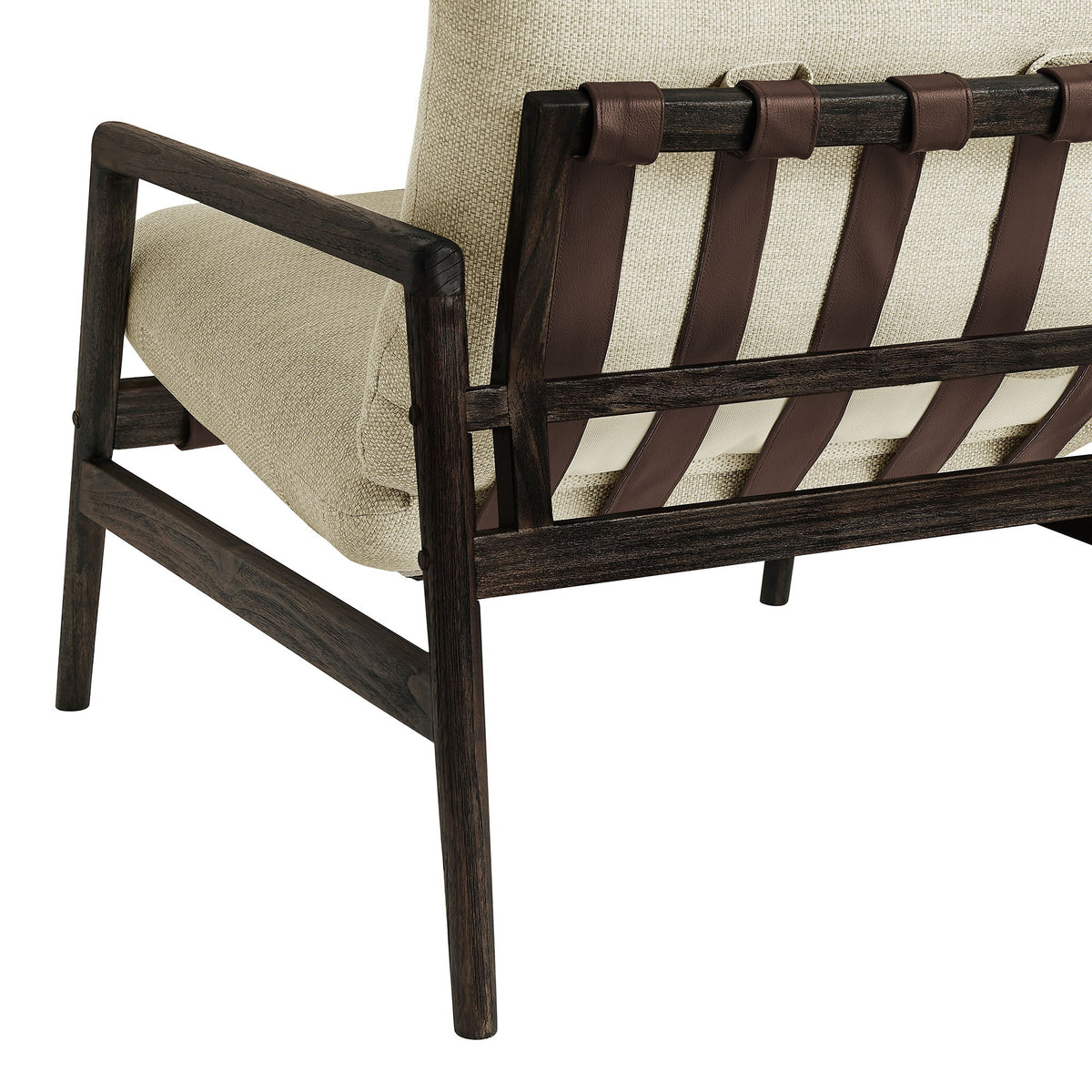 Nomi teak wood sling chair with beige cushion and brown leather straps on back on Tampa Home & Garden Store