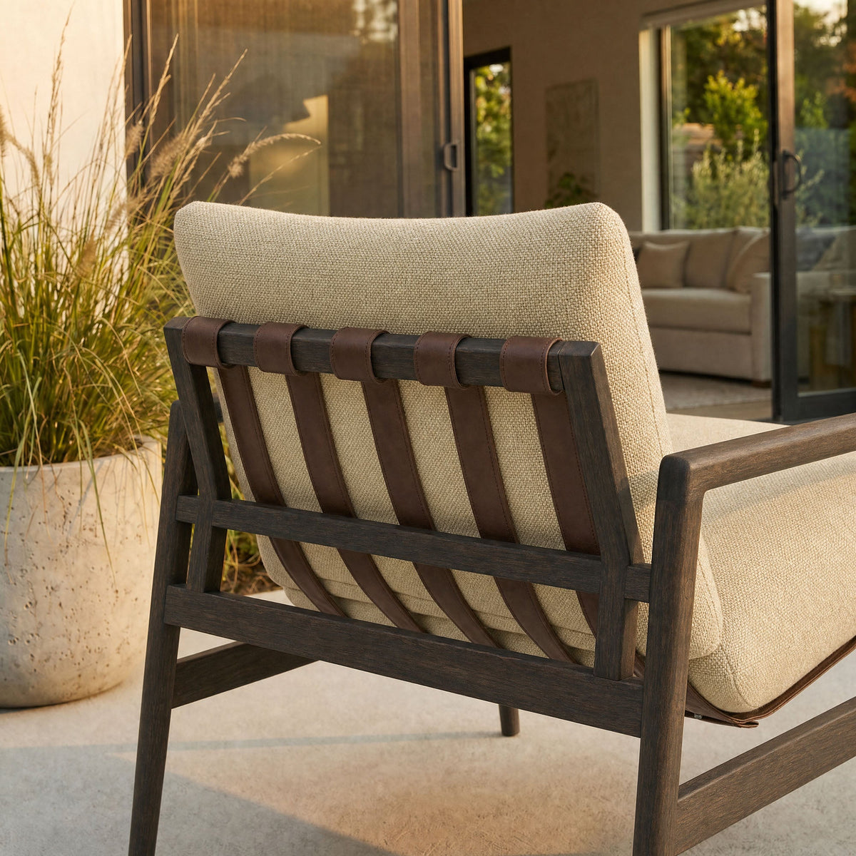 Nomi outdoor teak wood sling chair with beige fabric sling and dark stained frame by Modway on Tampa Home & Garden Store