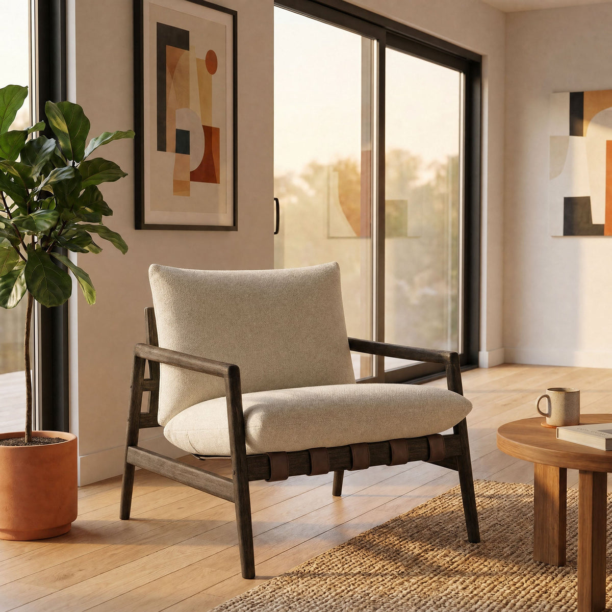 Nomi outdoor teak wood sling chair with cream fabric seat in a modern living space on Tampa Home & Garden Store