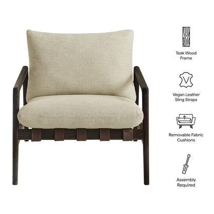 Nomi Outdoor Patio Teak Wood Sling Chair by Modway, beige fabric cushions and dark wood frame on Tampa Home & Garden Store