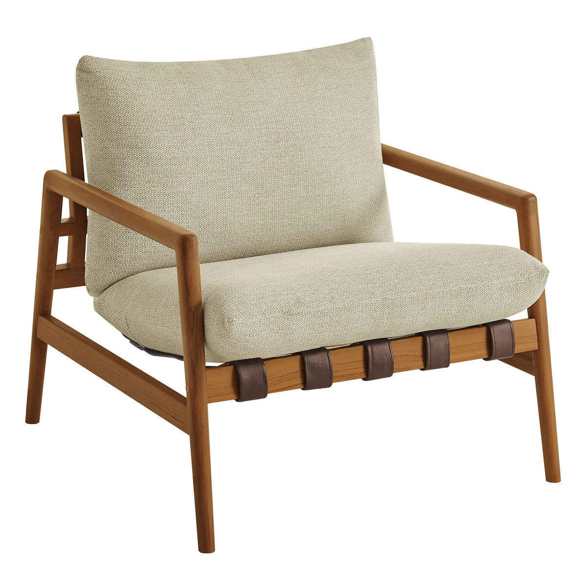 Nomi Outdoor Patio Teak Wood Sling Chair with beige woven cushion, wood frame on Tampa Home & Garden Store