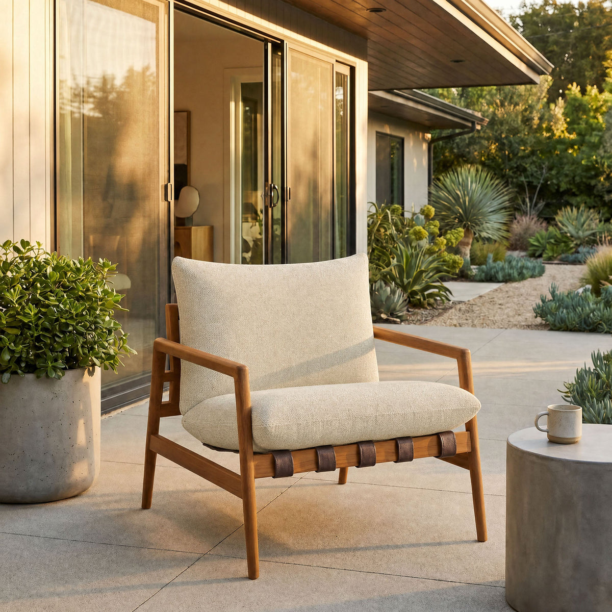 Nomi outdoor teak wood sling chair with beige cushion on a sunny patio HouseOfZazla on Tampa Home & Garden Store