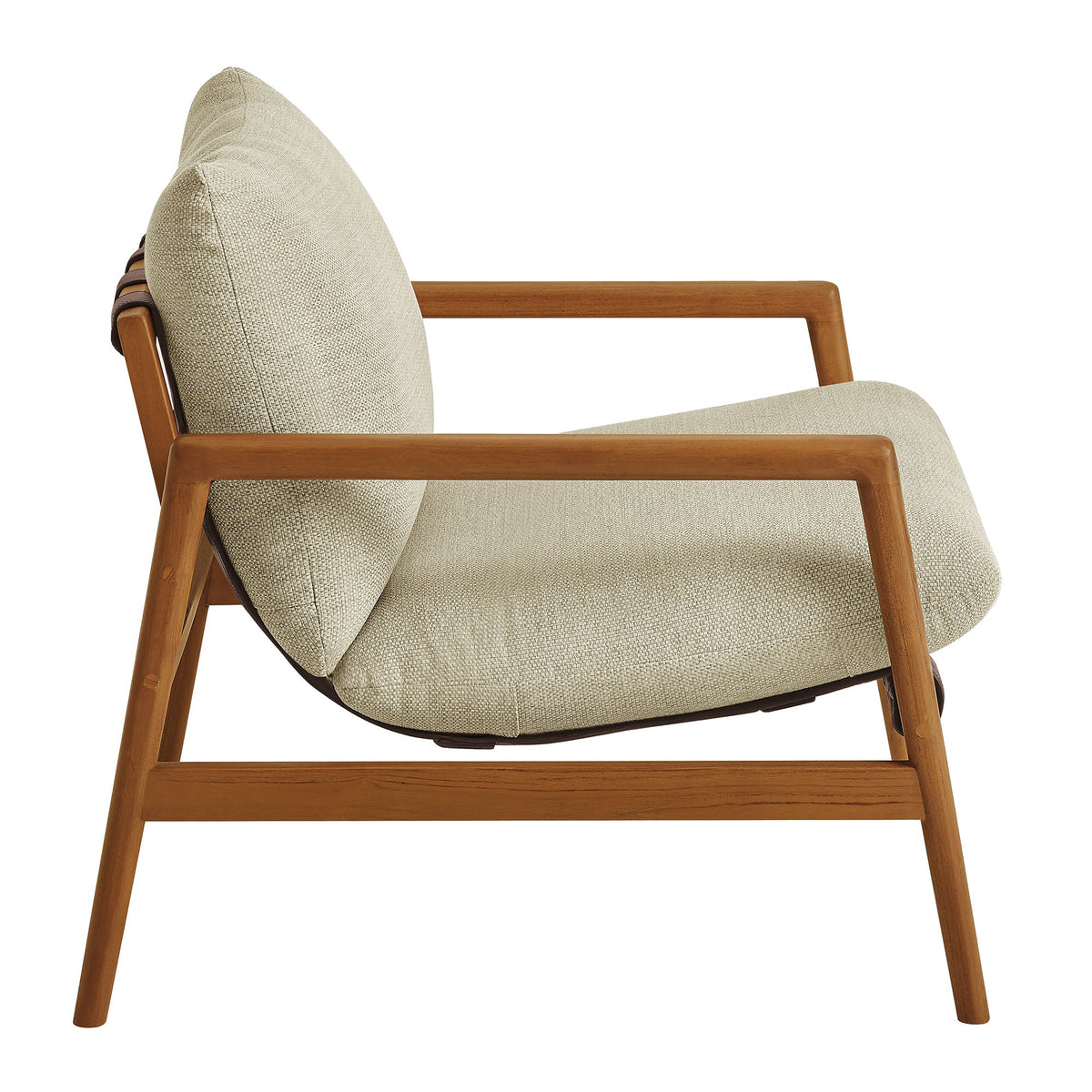 Nomi outdoor teak wood sling chair with beige woven cushion and wood armrests on Tampa Home & Garden Store