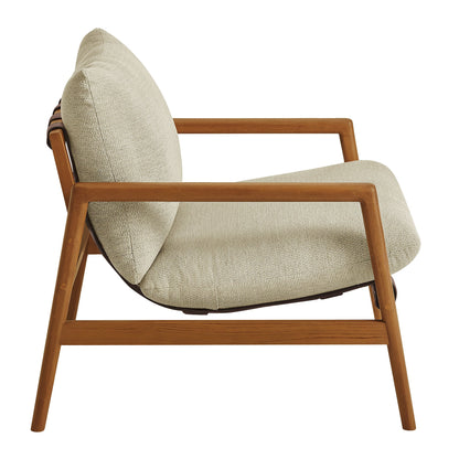 Nomi outdoor teak wood sling chair with beige woven cushion and wood armrests on Tampa Home & Garden Store