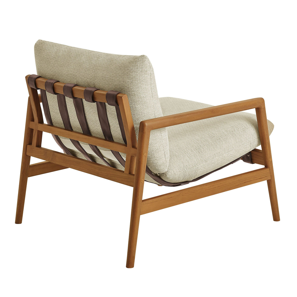 Nomi Outdoor Patio Teak Wood Sling Chair with beige woven cushion and brown leather sling straps on Tampa Home & Garden Store