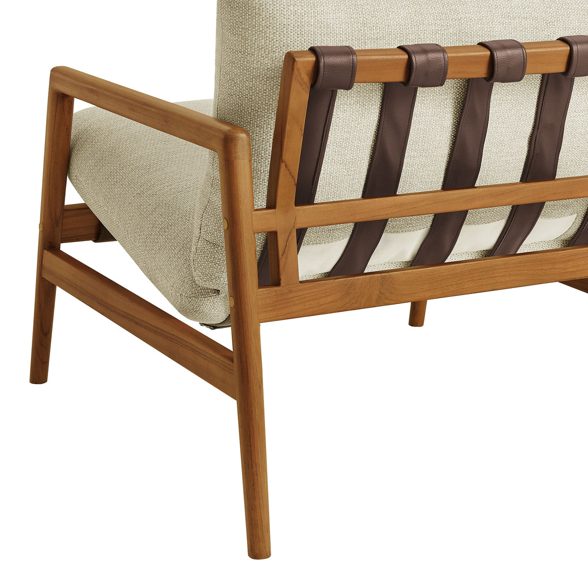 Nomi teak wood sling chair frame with beige fabric seat and brown leather slings on Tampa Home & Garden Store