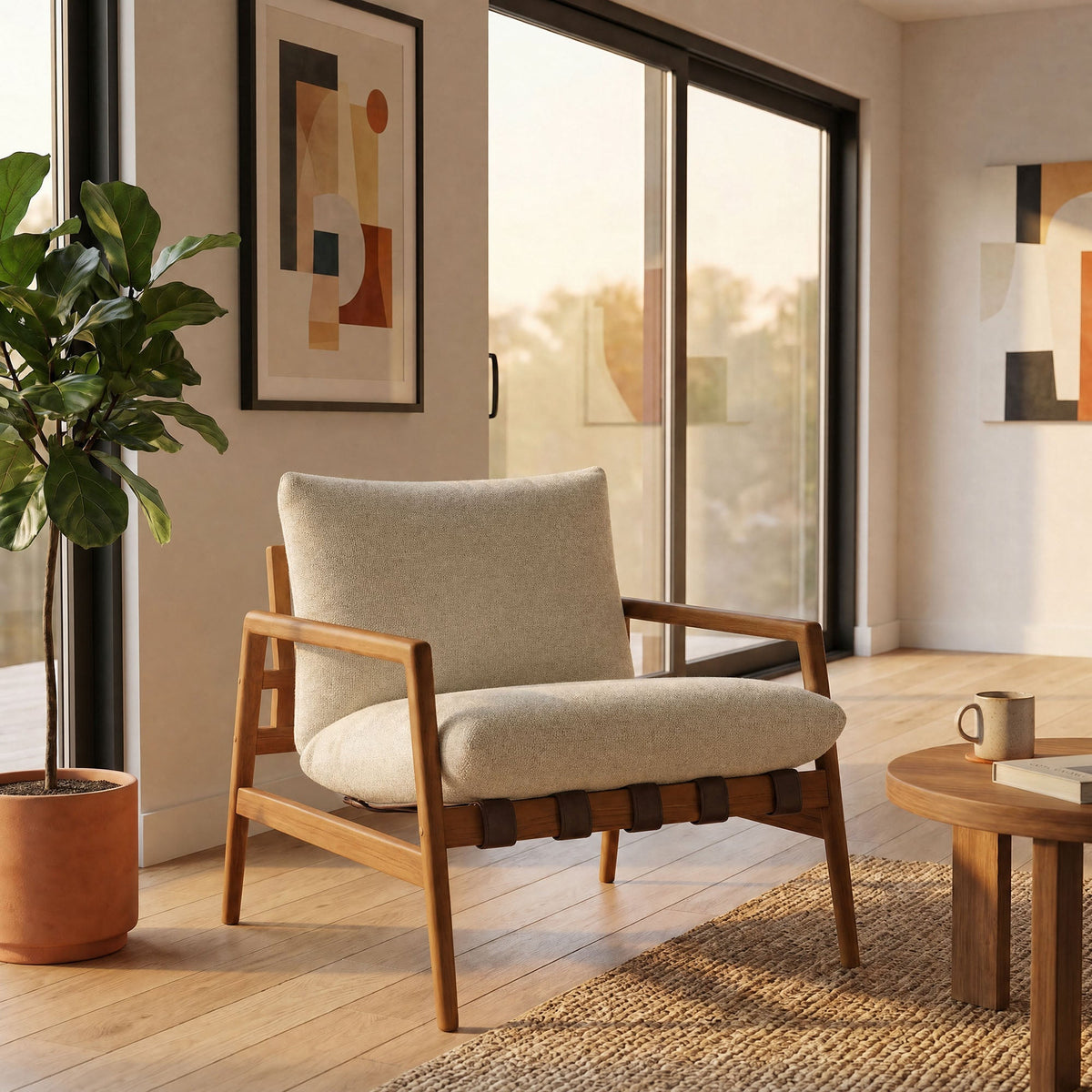 Nomi outdoor teak wood sling chair with beige fabric seat and solid wood frame on Tampa Home & Garden Store