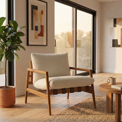 Nomi outdoor teak wood sling chair with beige fabric seat and solid wood frame on Tampa Home & Garden Store