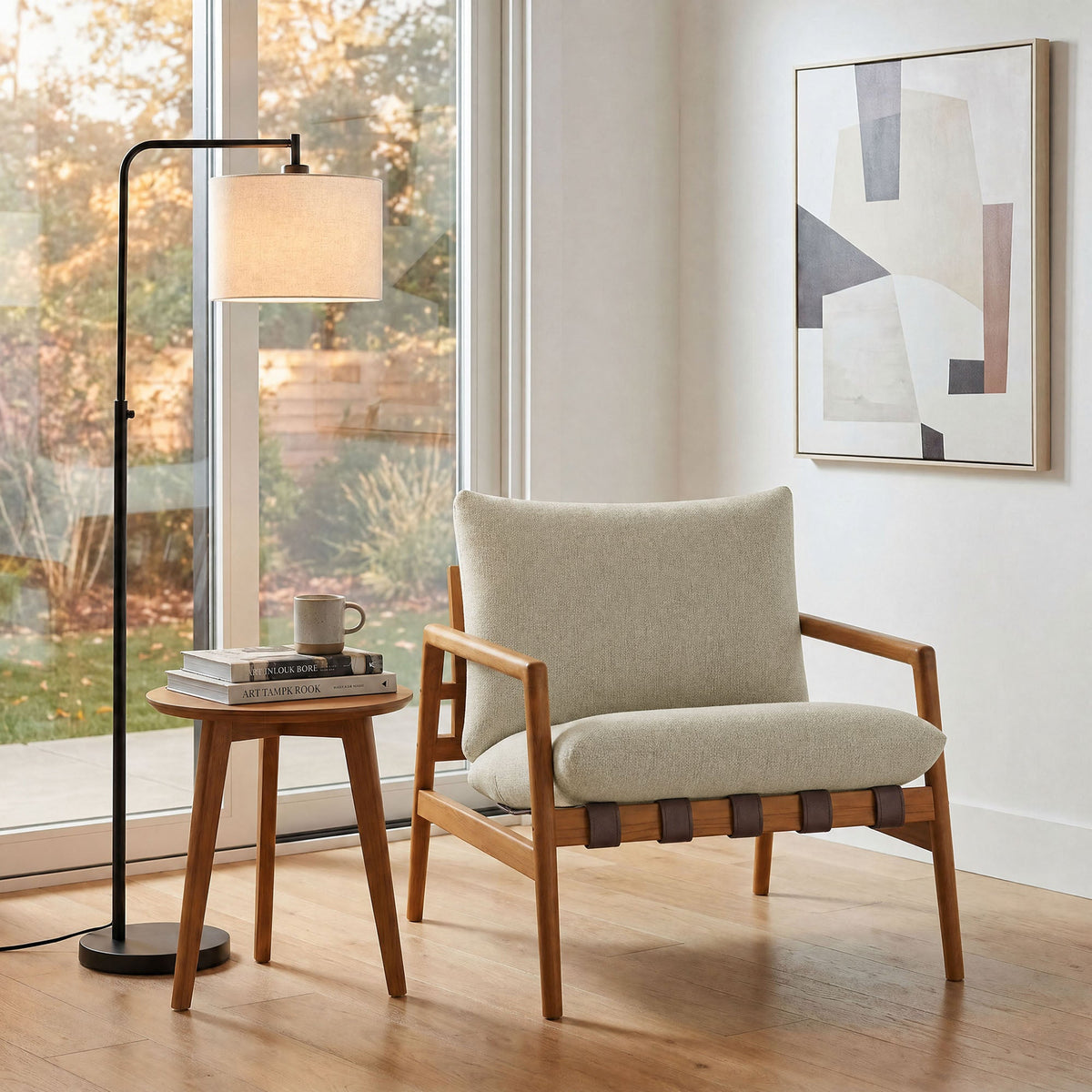 Nomi Outdoor Patio Teak Wood Sling Chair by Modway with beige cushion and teak frame on Tampa Home & Garden Store