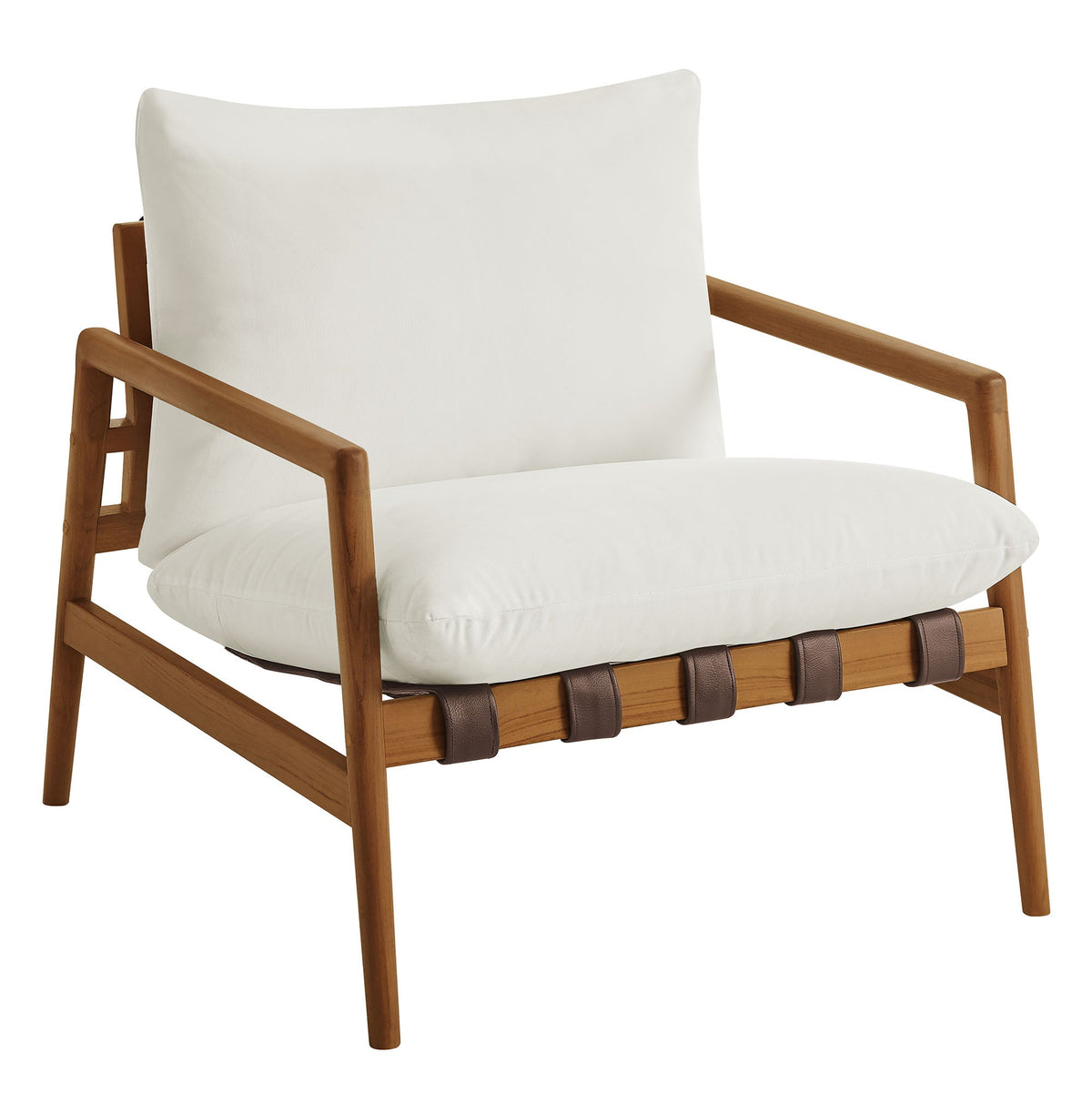 Nomi Outdoor Patio Teak Wood Sling Chair with white cushion and leather strap accents on Tampa Home & Garden Store