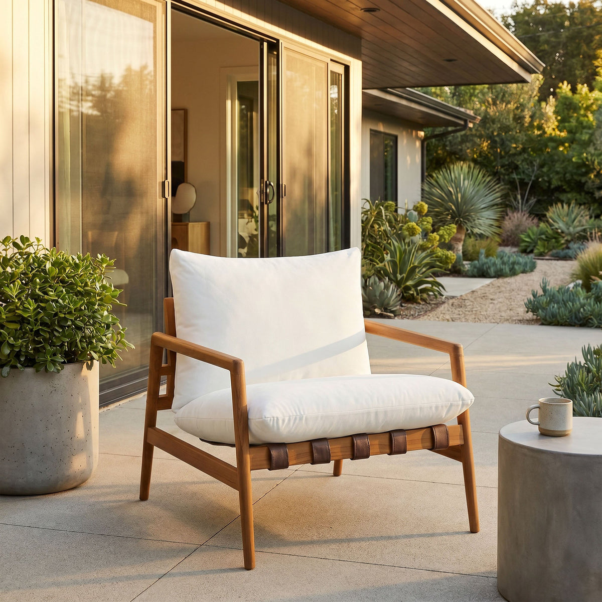 Nomi Outdoor Teak Wood Sling Chair with white cushions, HouseOfZazla on Tampa Home & Garden Store