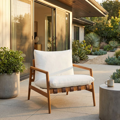 Nomi Outdoor Teak Wood Sling Chair with white cushions, HouseOfZazla on Tampa Home & Garden Store
