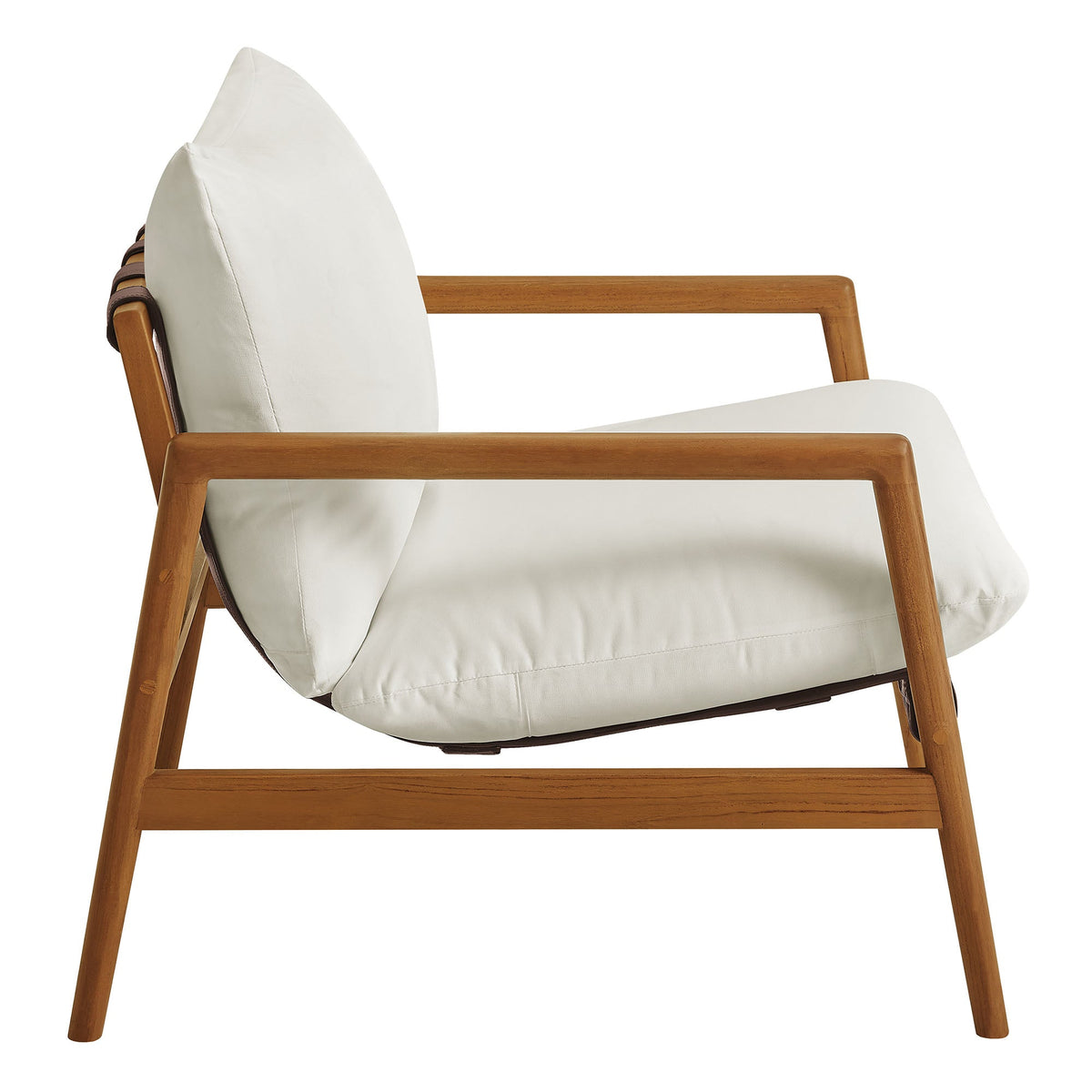 Nomi outdoor teak wood sling chair with white cushion, solid teak frame and leather strap accents on Tampa Home & Garden Store