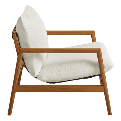 Nomi outdoor teak wood sling chair with white cushion, solid teak frame and leather strap accents on Tampa Home & Garden Store