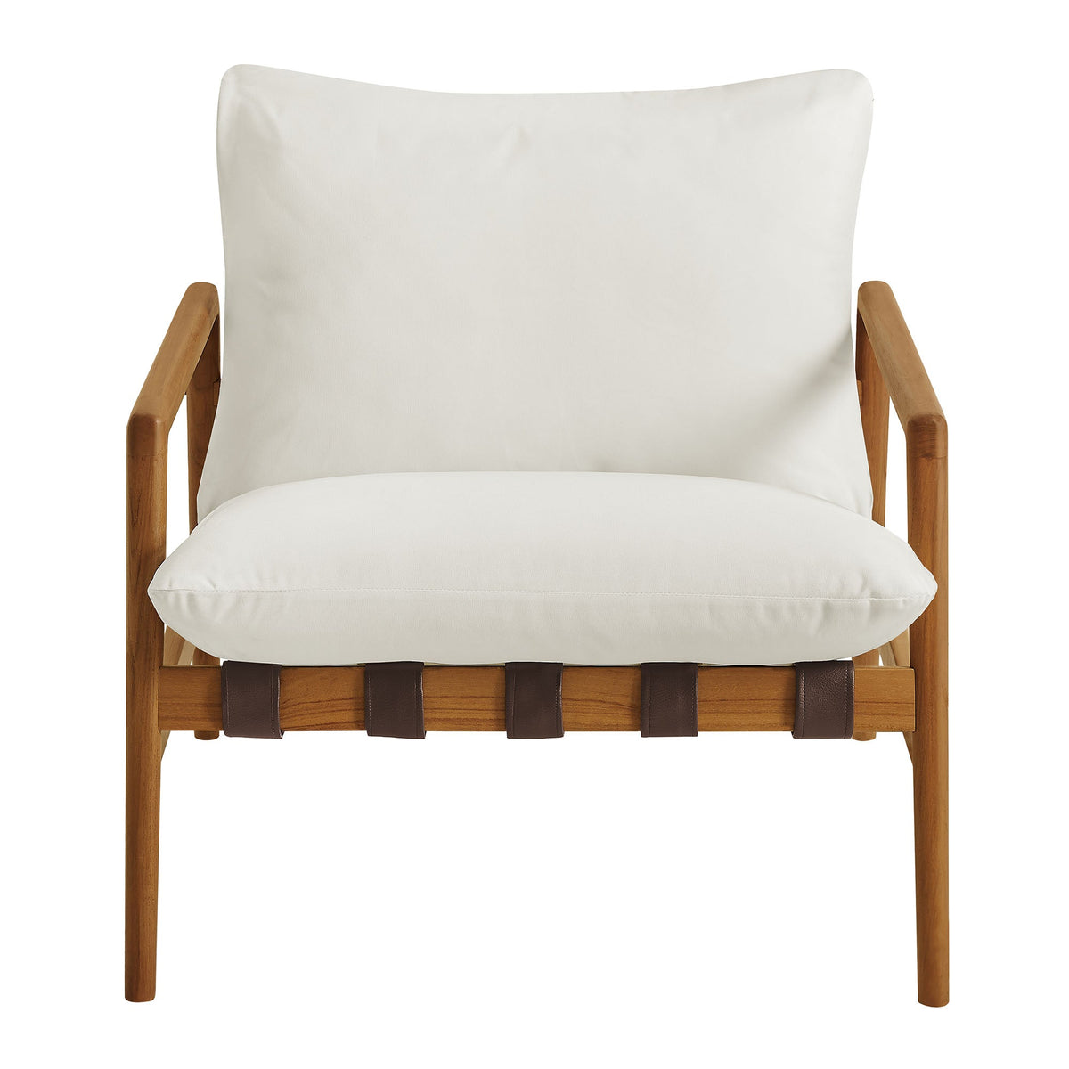 Nomi outdoor teak wood sling chair by Modway with white cushions and brown leather straps on Tampa Home & Garden Store