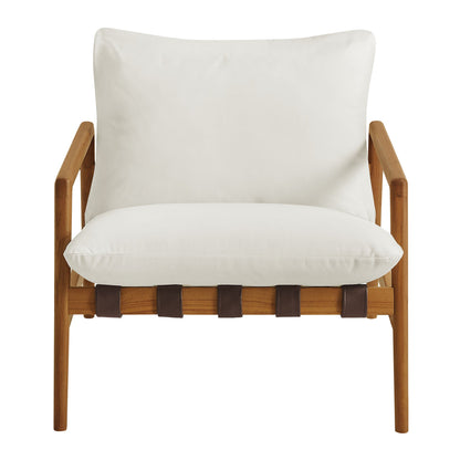 Nomi outdoor teak wood sling chair by Modway with white cushions and brown leather straps on Tampa Home & Garden Store