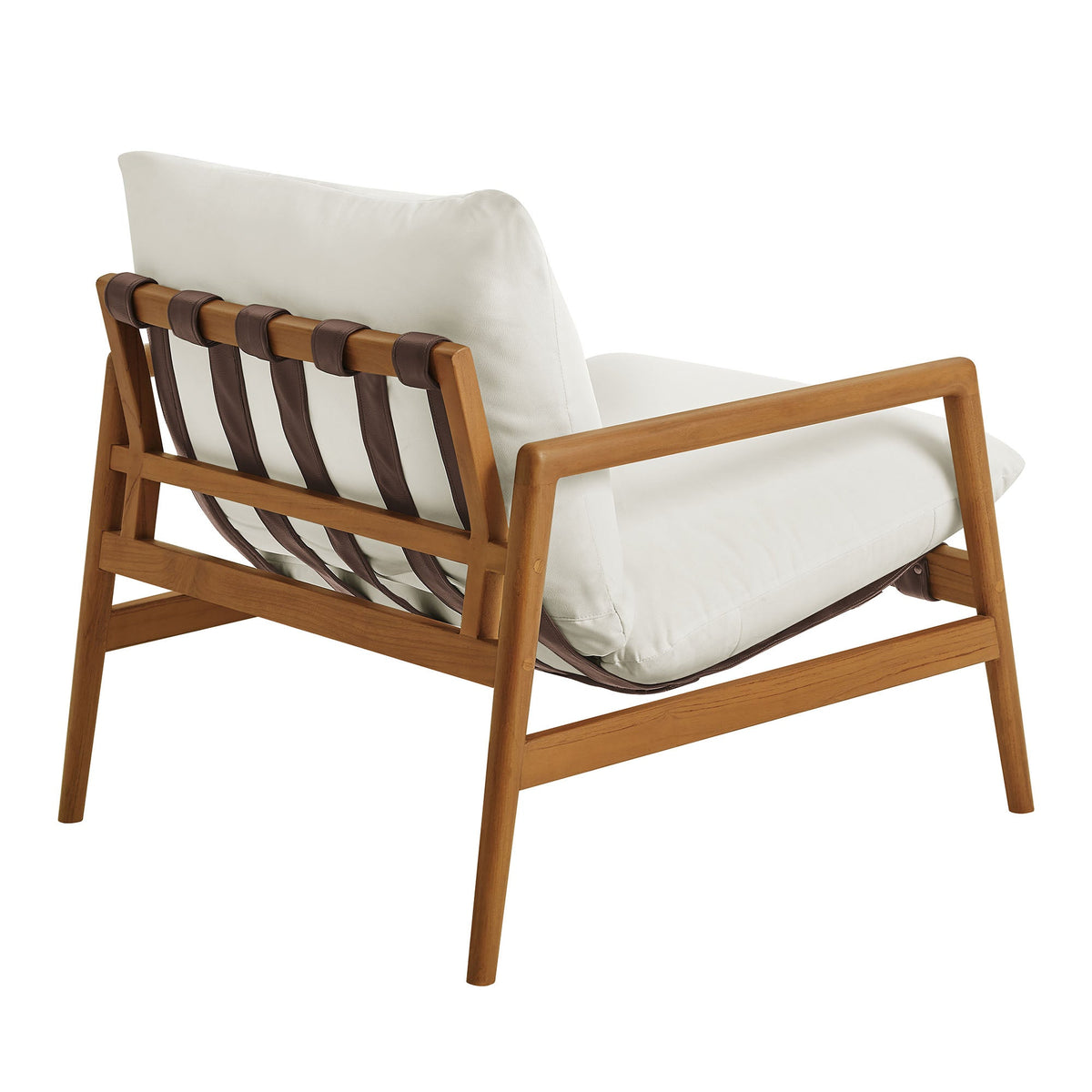 Nomi outdoor teak wood sling chair with white cushion and brown leather straps backrest on Tampa Home & Garden Store