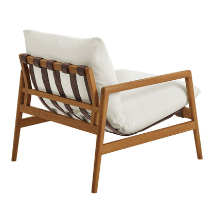 Nomi outdoor teak wood sling chair with white cushion and brown leather straps backrest on Tampa Home & Garden Store