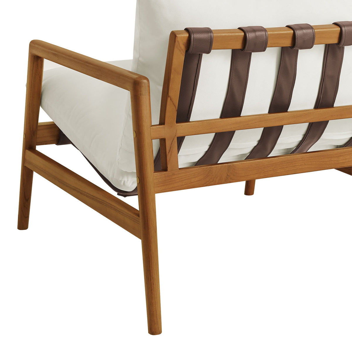 Nomi outdoor teak wood sling chair by Modway with brown leather straps and white cushion on Tampa Home & Garden Store
