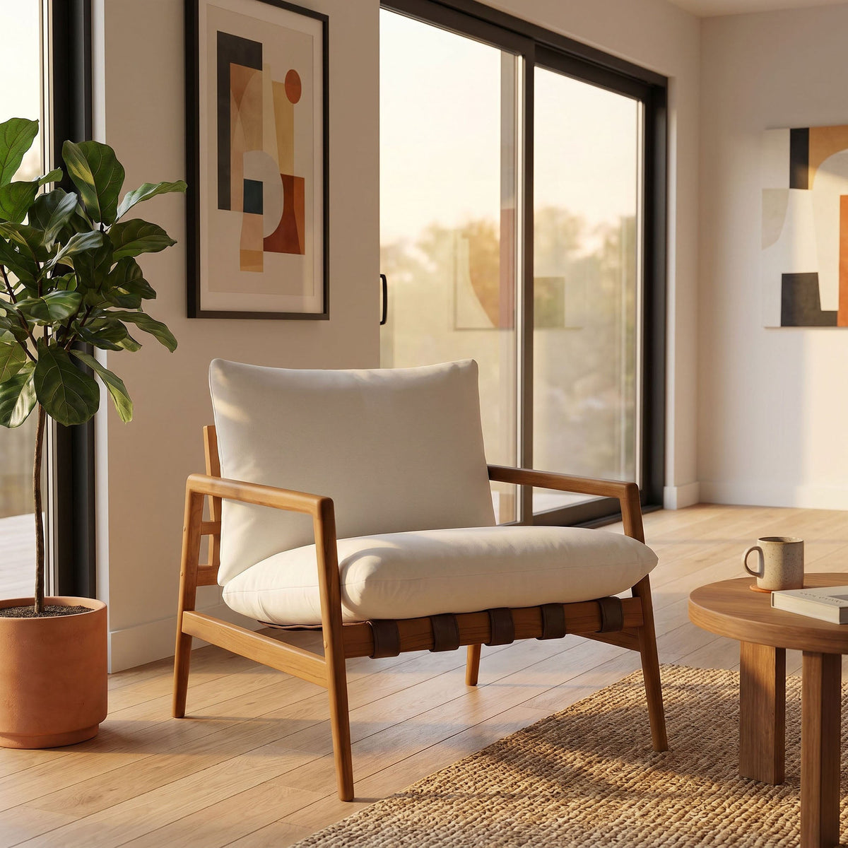 Nomi Outdoor Patio Teak Wood Sling Chair by Modway with gray cushion in a sunlit modern room on Tampa Home & Garden Store