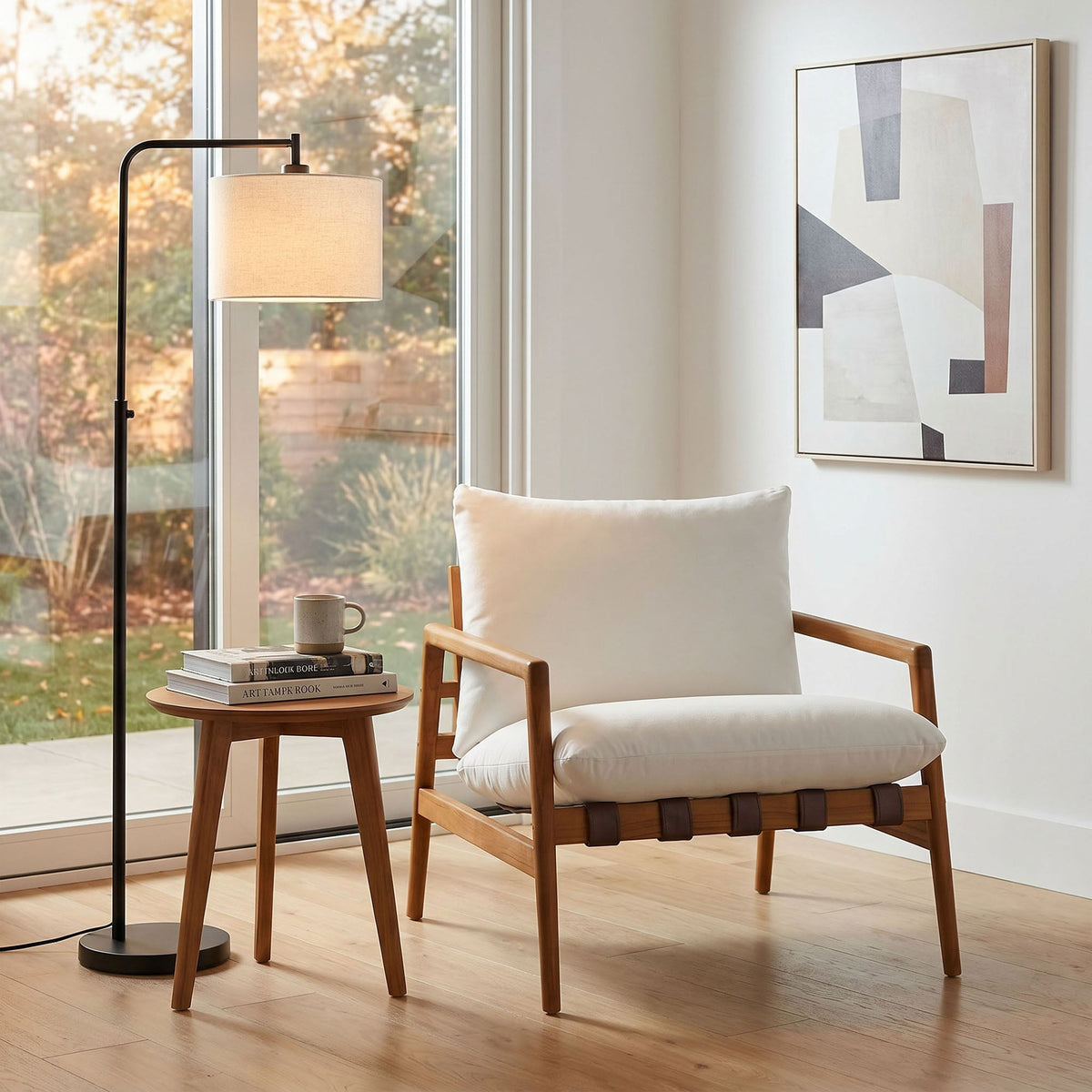 Nomi Outdoor Patio Teak Wood Sling Chair by Modway with cream cushion and wood frame on Tampa Home & Garden Store