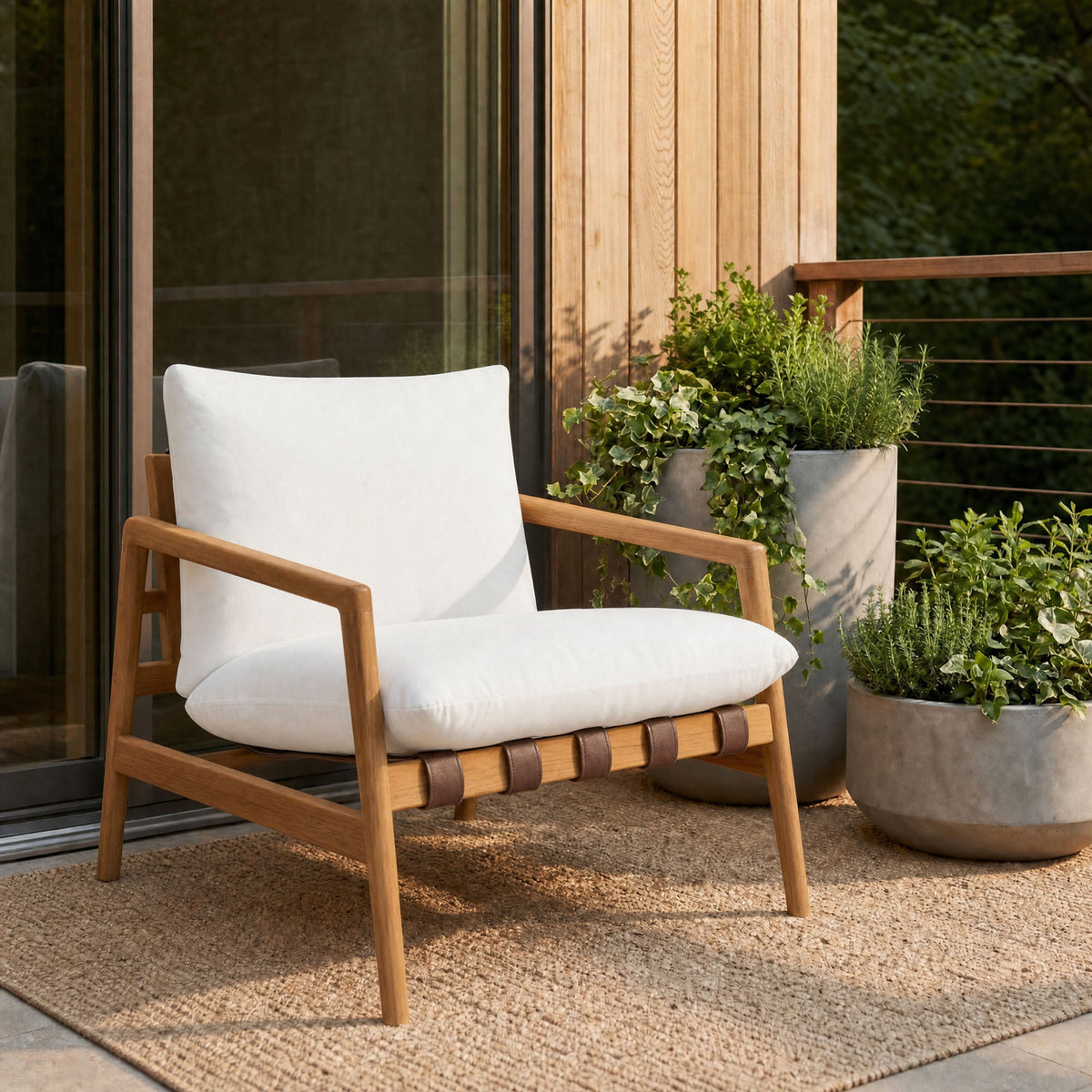 Nomi outdoor teak wood sling chair with white cushion on a woven rug on a patio on Tampa Home & Garden Store