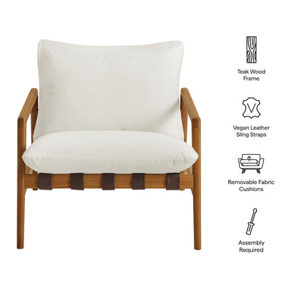 Nomi Outdoor Teak Wood Sling Chair with white cushions and brown leather sling straps on Tampa Home & Garden Store