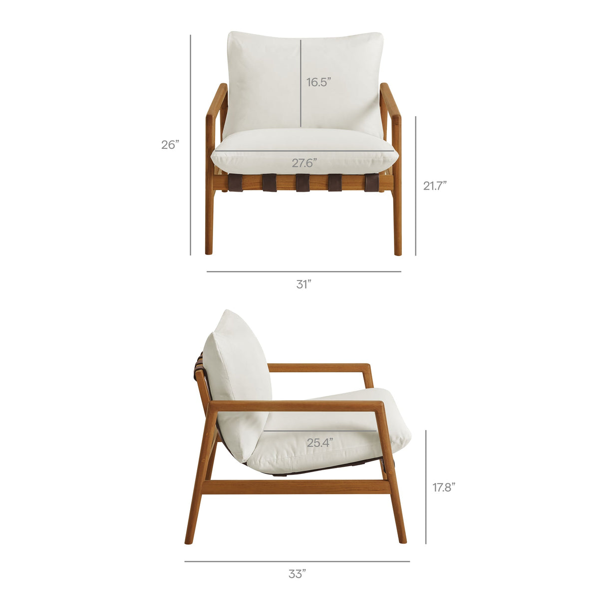 Nomi Outdoor Teak Wood Sling Chair by Modway with white cushions and natural teak frame on Tampa Home & Garden Store