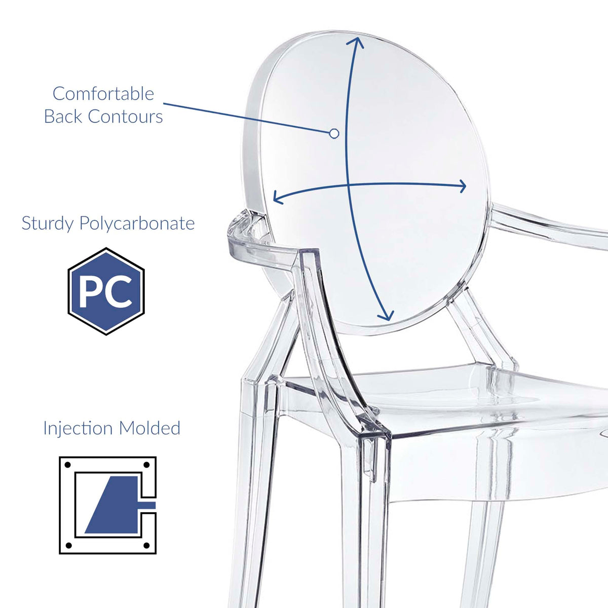 Casper Dining Armchairs Set of 2, clear polycarbonate, injection molded on Tampa Home & Garden Store