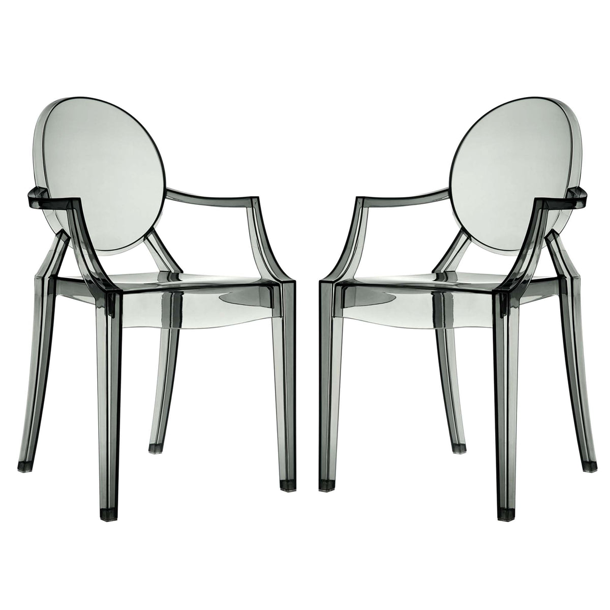 Casper Dining Armchairs set of 2, clear acrylic seats with rounded backs and metal frames on Tampa Home & Garden Store