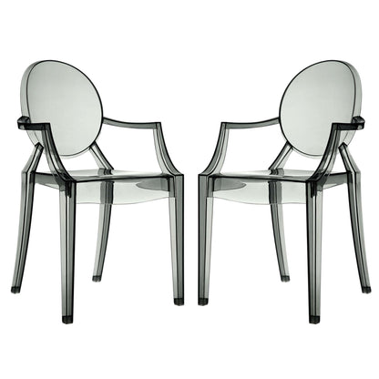Casper Dining Armchairs set of 2, clear acrylic seats with rounded backs and metal frames on Tampa Home & Garden Store