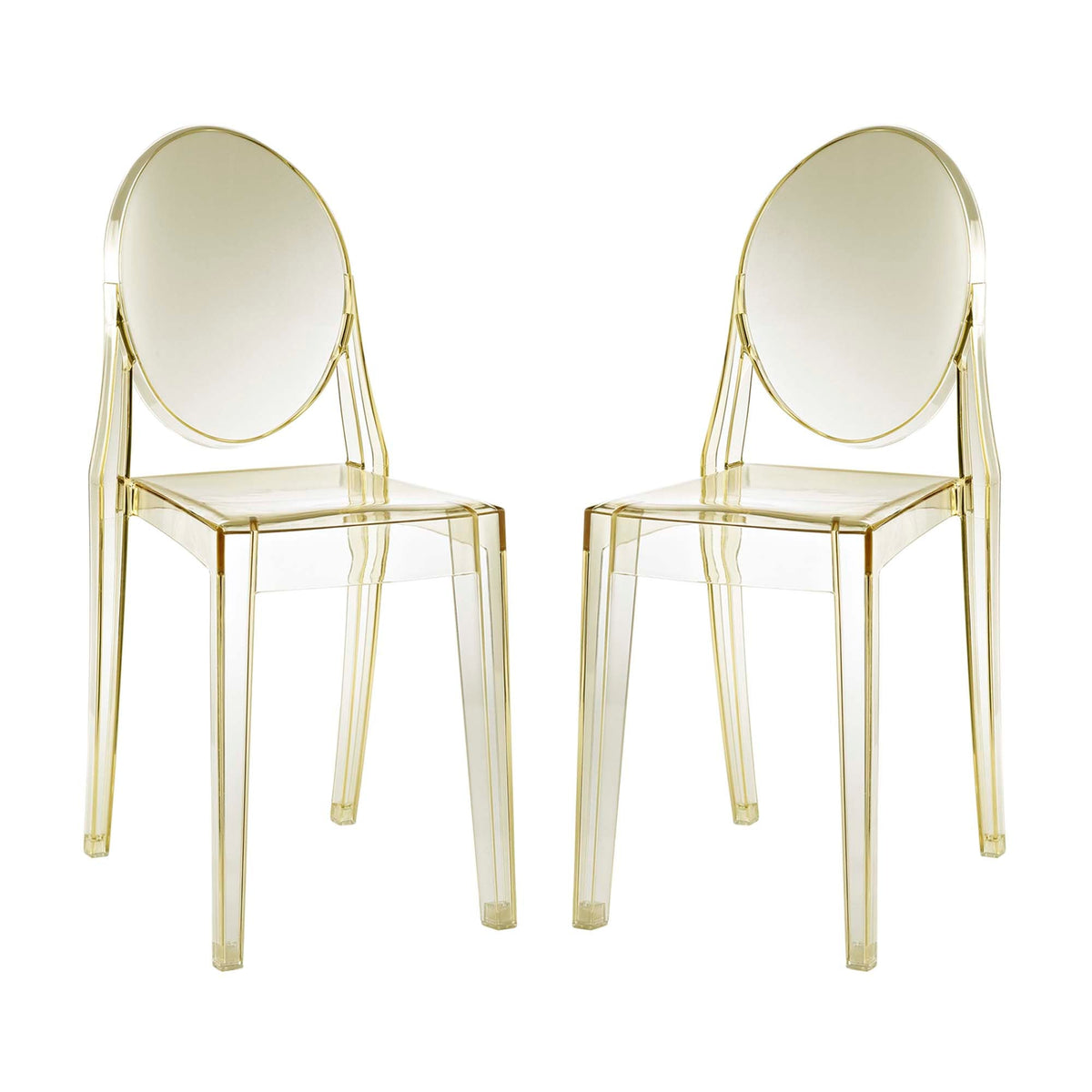 Casper dining chairs set of 2, clear acrylic seats with round backs and gold metal frames on Tampa Home & Garden Store