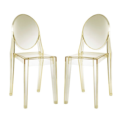 Casper dining chairs set of 2, clear acrylic seats with round backs and gold metal frames on Tampa Home & Garden Store