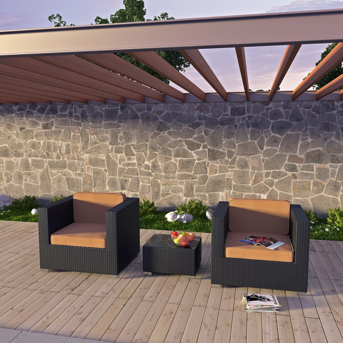 Burrow 3 Piece Outdoor Patio Sofa Set by Modway, dark wicker with tan cushions, glass coffee table on wood deck on Tampa Home & Garden Store