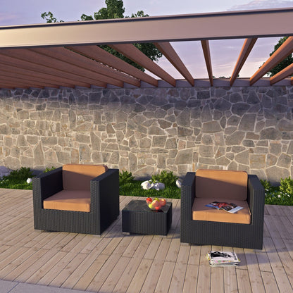 Burrow 3 Piece Outdoor Patio Sofa Set by Modway, dark wicker with tan cushions, glass coffee table on wood deck on Tampa Home & Garden Store