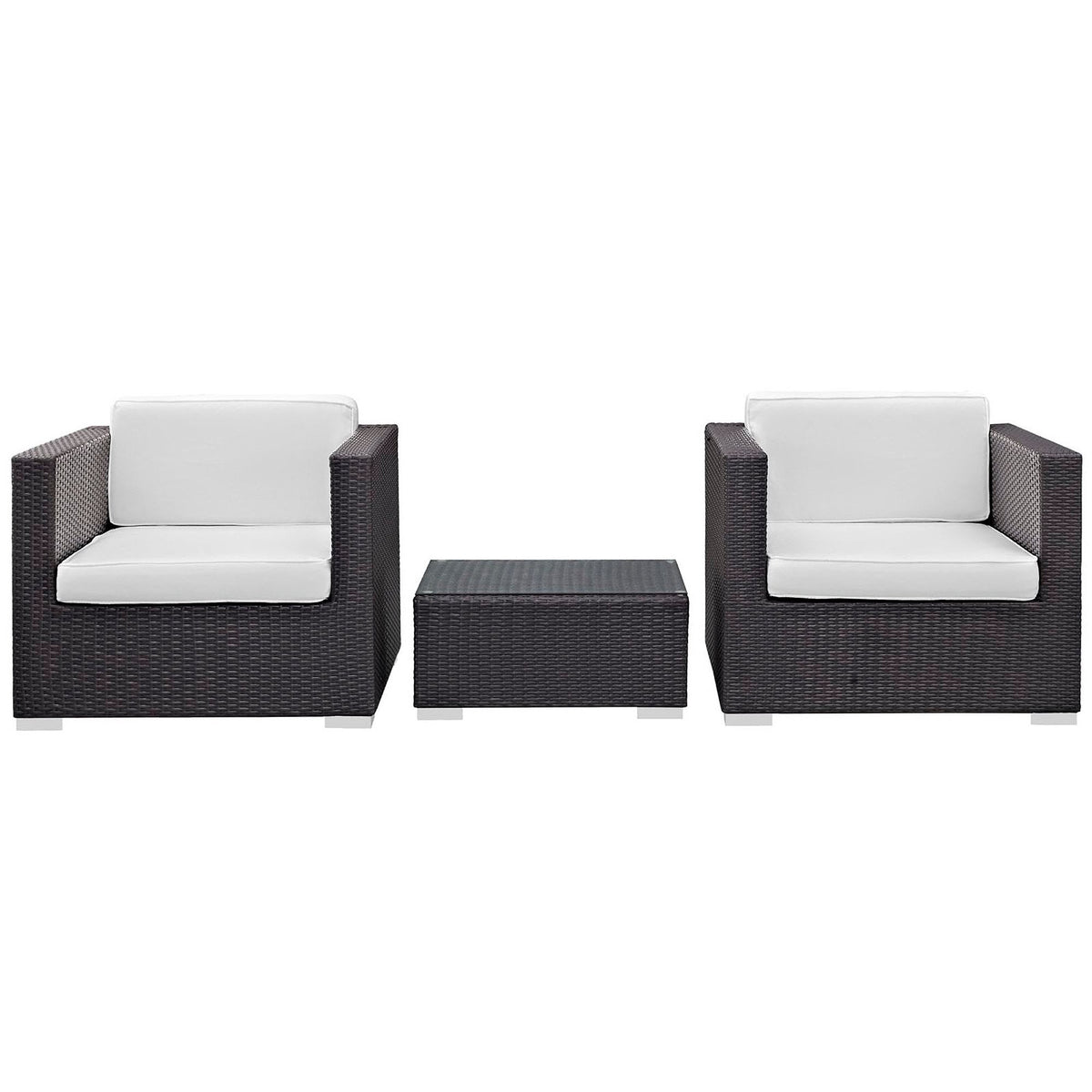 Burrow 3 Piece Outdoor Patio Sofa Set with 2 dark brown wicker chairs and gray cushions on Tampa Home & Garden Store