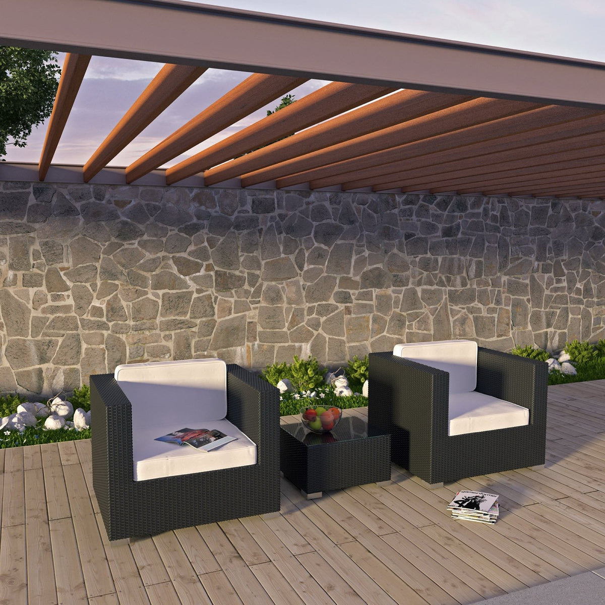 Burrow 3 Piece Outdoor Patio Sofa Set black wicker with white cushions on a deck by a stone wall on Tampa Home & Garden Store