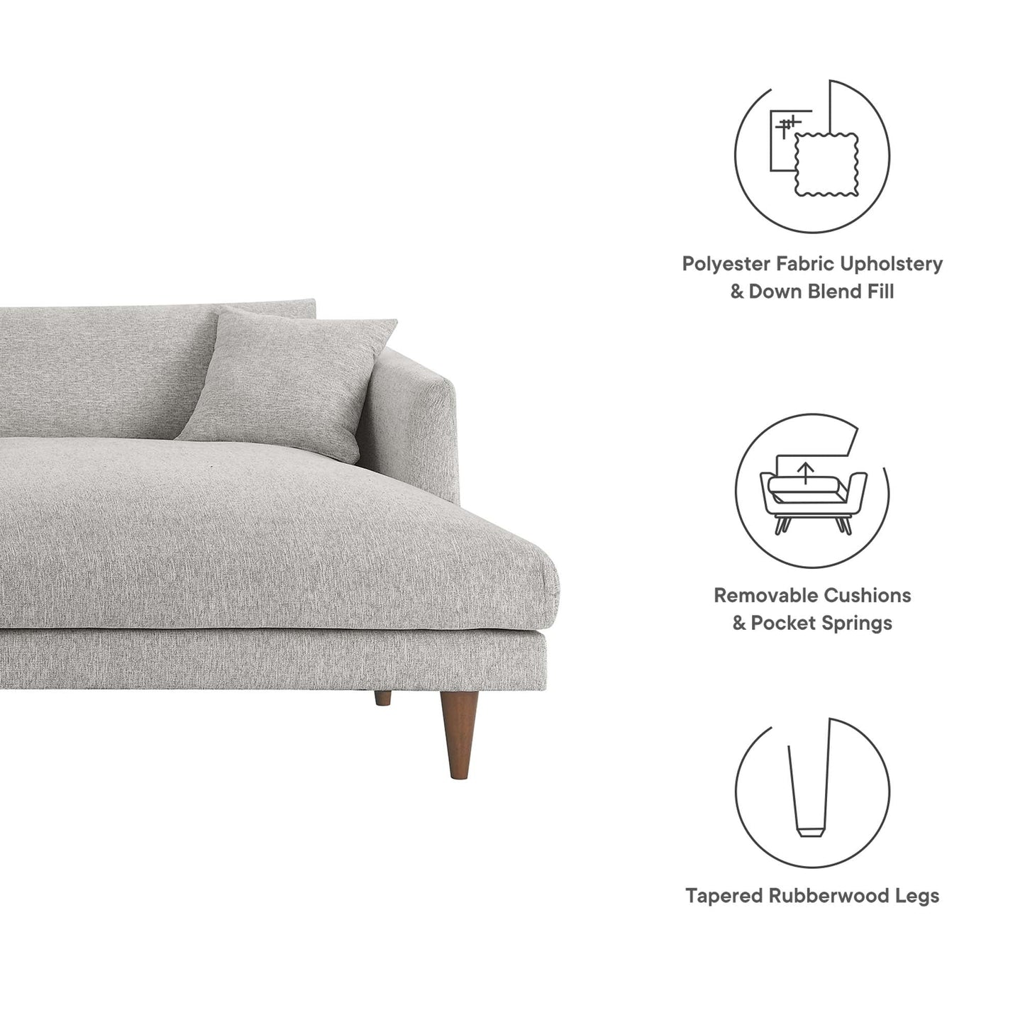 Zoya right-facing overstuffed sectional sofa in light gray fabric with tapered legs on Tampa Home & Garden Store